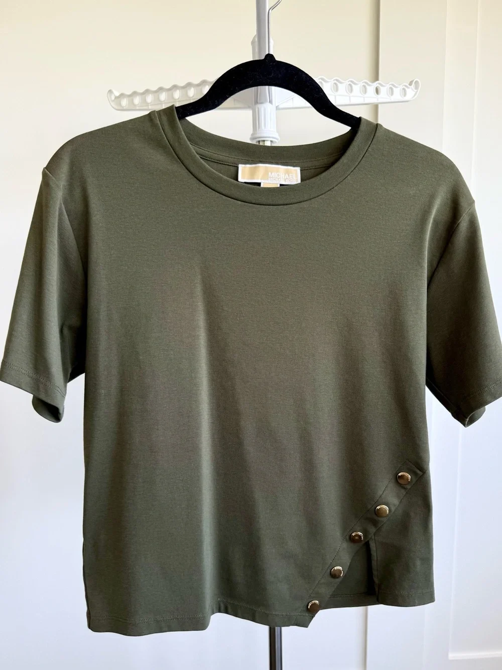 Michael Kors Olive Green Short Sleeve Tee with Diagonal Button Detail